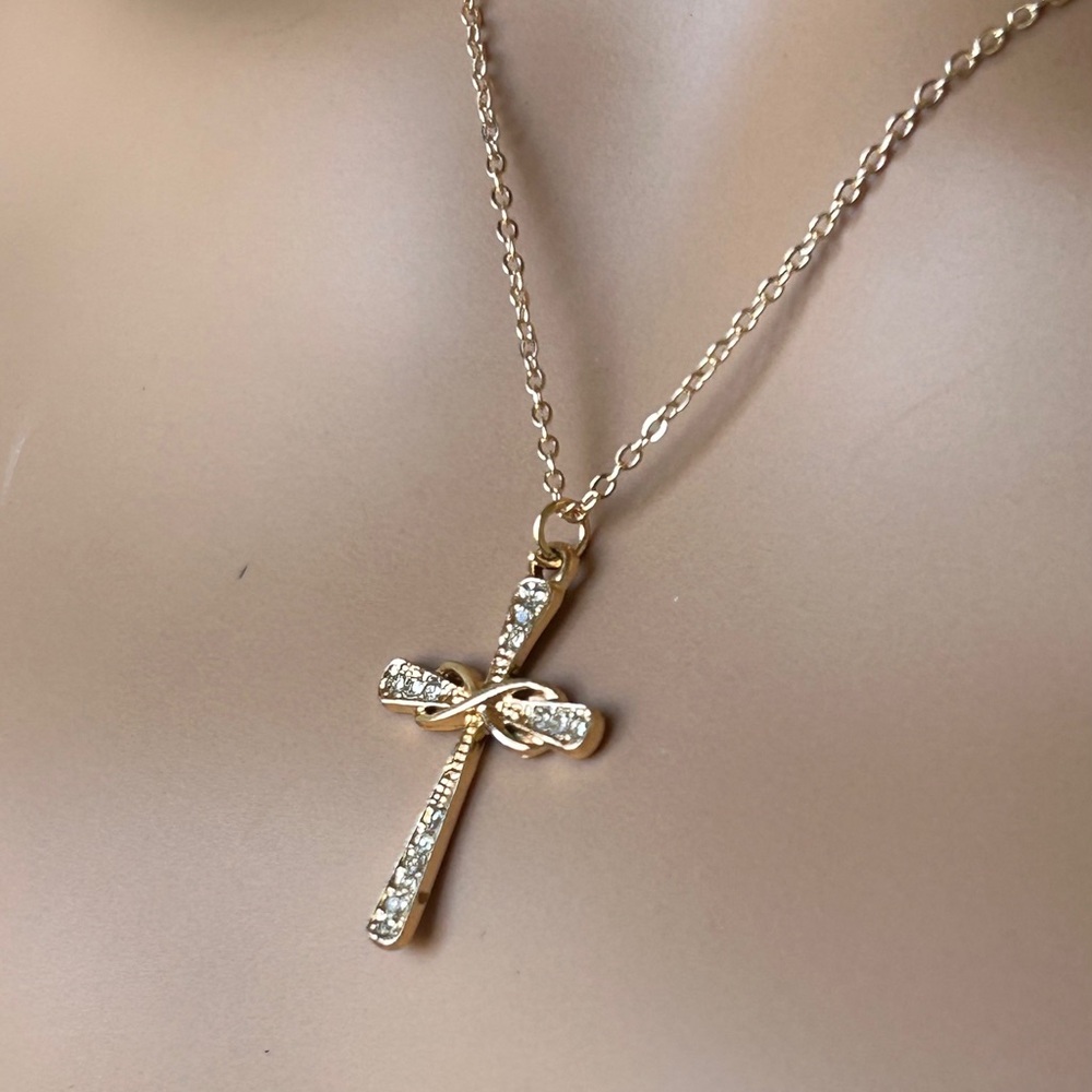 Delicate Gold Cross Pendant Necklace With Rhinestone Accents - Picture 2 of 6